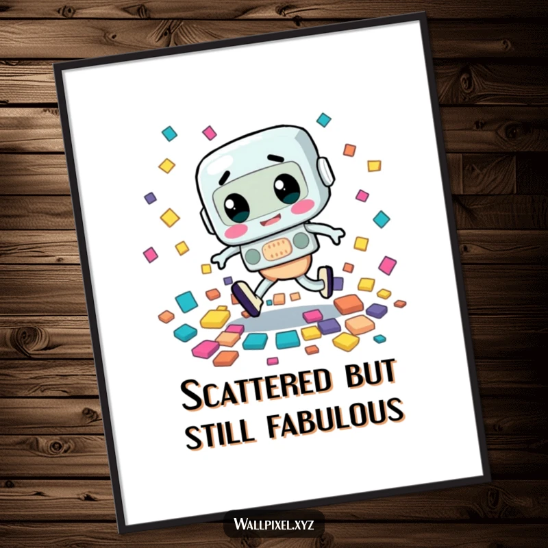 Funny Free Printable Wall Art: A retro character awkwardly trips, scattering a vibrant explosion of colorful squares.