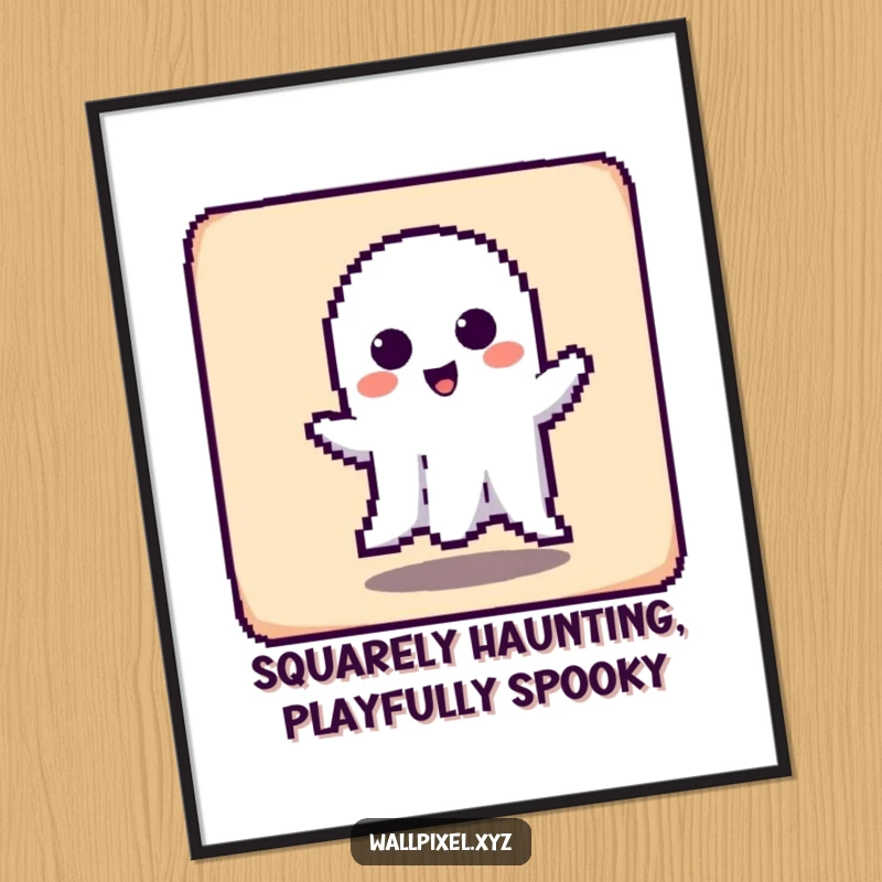 Funny Free Printable Wall Art: Pixelated ghost playfully haunting a square, adding a touch of mischievous and humorous spirit.