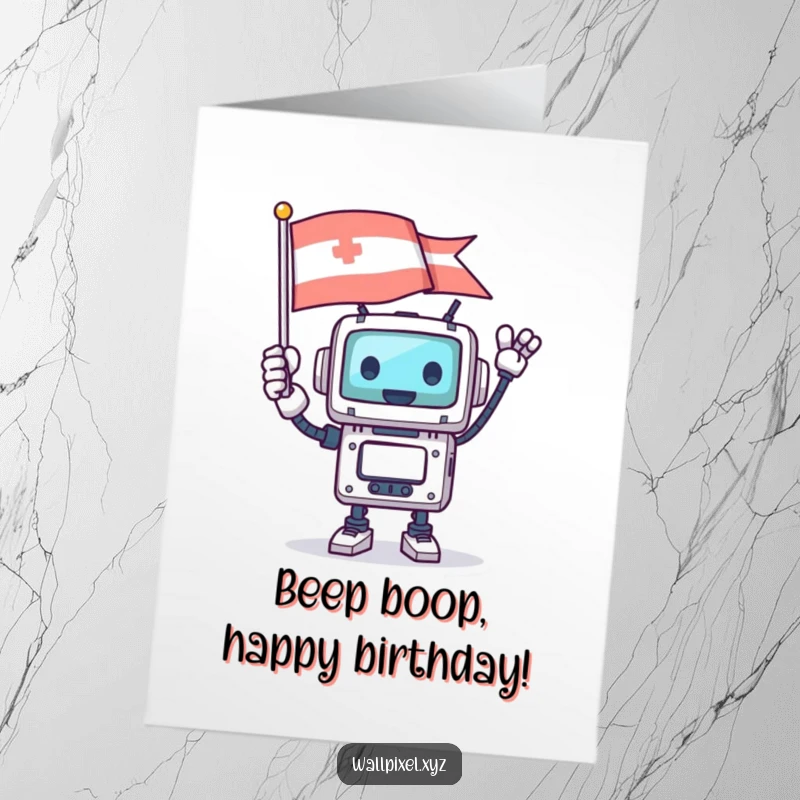 Funny free printable birthday card featuring a square robot character joyfully waving a pixelated flag with a triumphant expression, celebrating a happy occasion.