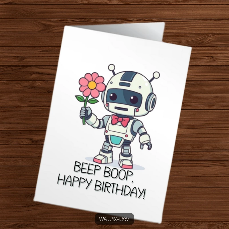 Funny Free Printable Birthday Card: A retro robot with a bow kindly offers a glowing pixelated flower.