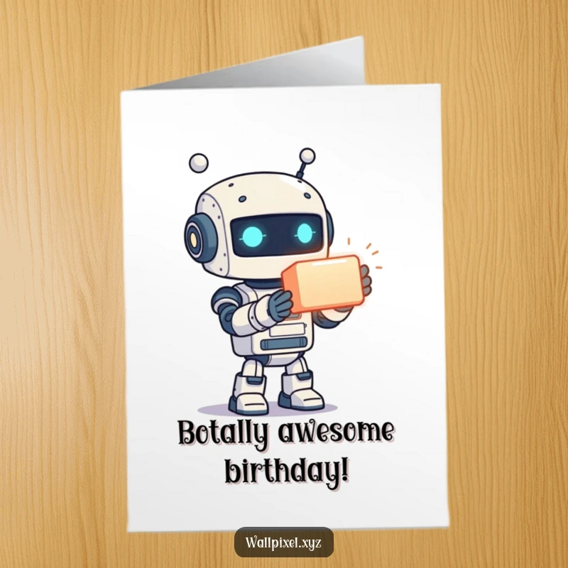 Funny Free Printable Birthday Card: A pixelated robot excitedly presents a glowing cube, conveying birthday wishes with futuristic charm.
