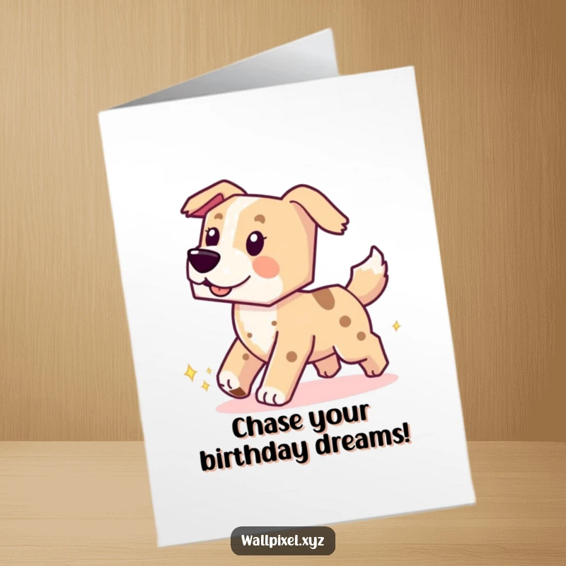 Funny Free Printable Birthday Card: Blocky dog excitedly chasing its pixel tail.