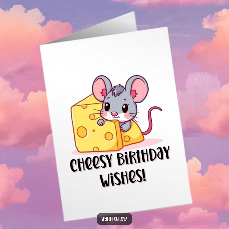 Funny Free Printable Birthday Card with a pixel mouse peeking from behind a giant digital cheese block.