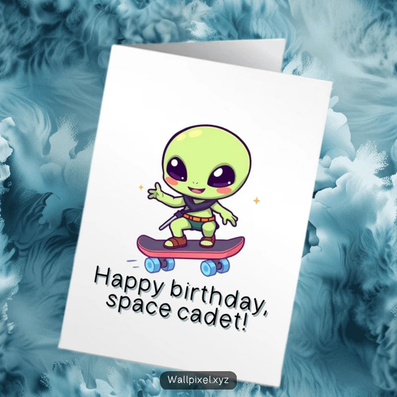 Funny Free Printable Birthday Card: Pixelated alien winks while riding a glowing block skateboard, cool gift.