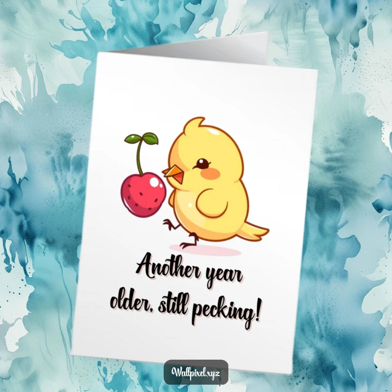 Funny Free Printable Birthday Card featuring a retro pixel bird playfully pecking at a digital berry, perfect for gamer friends.