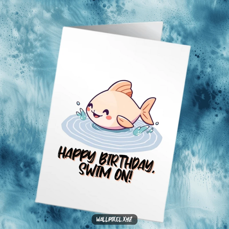 Funny Free Printable Birthday Card: A geometric fish joyfully splashing in a pixelated puddle, celebrating a birthday with vibrant energy.