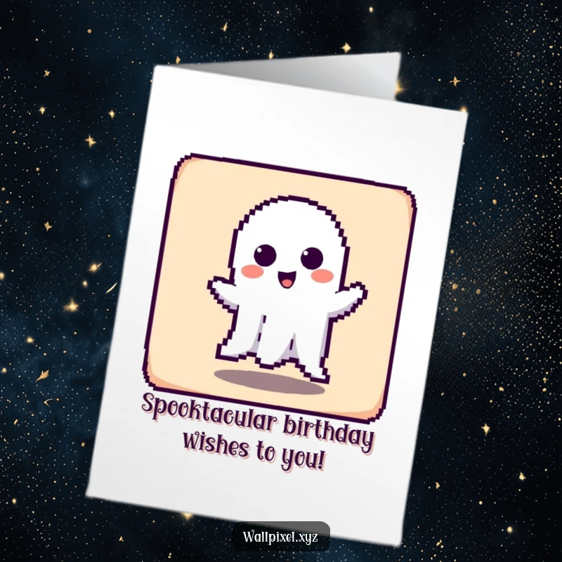 Funny Free Printable Birthday Card: Pixelated ghost playfully haunting a square, bringing spooky and humorous birthday vibes.
