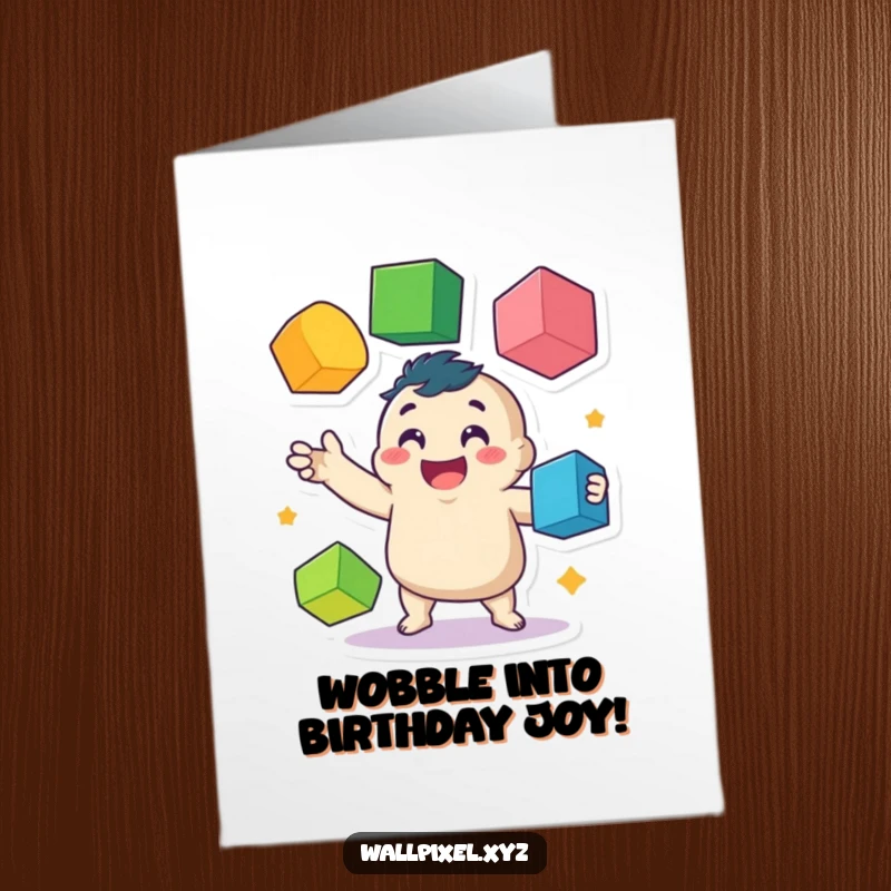 Funny Free Printable Birthday Card: A happy, wobbly pixelated character deftly juggles colorful cubes, wishing a fantastic birthday celebration.