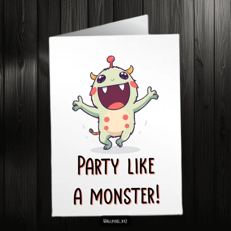 Funny Free Printable Birthday Card: Elated pixel monster doing a wacky dance with tiny, flailing blocky arms.