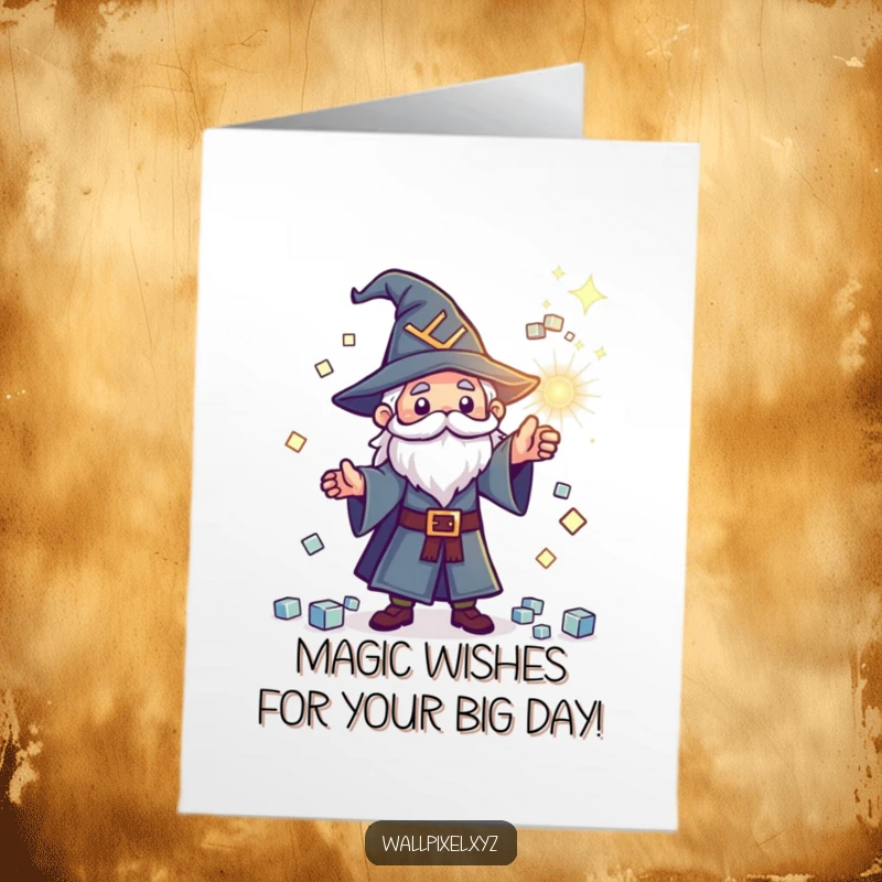 Funny Free Printable Birthday Card: Tiny pixel wizard casting a sparkling cube spell for a magical DIY greeting.