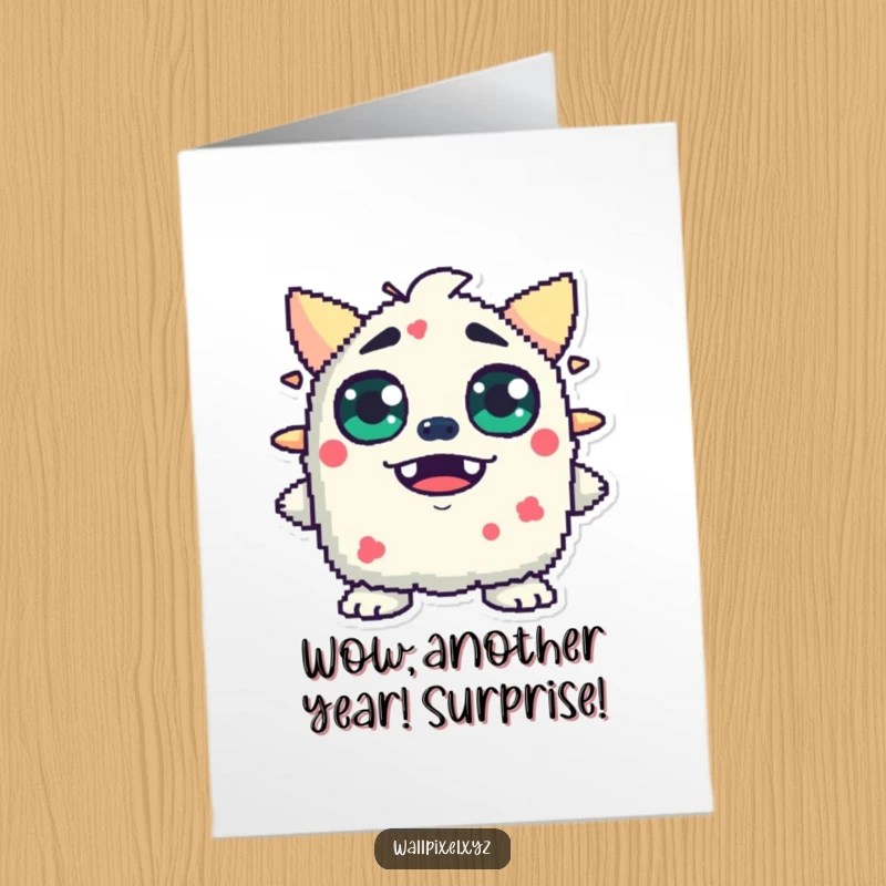 Funny Free Printable Birthday Card: A pixelated monster with huge, blocky eyes, expressing comical surprise at a birthday celebration.