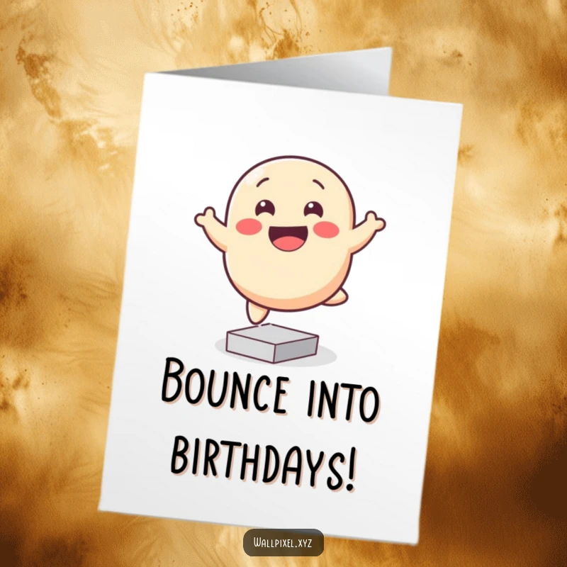 Funny Free Printable Birthday Card: A smiling, pixelated blob character happily bouncing on a foundation of square pixels.