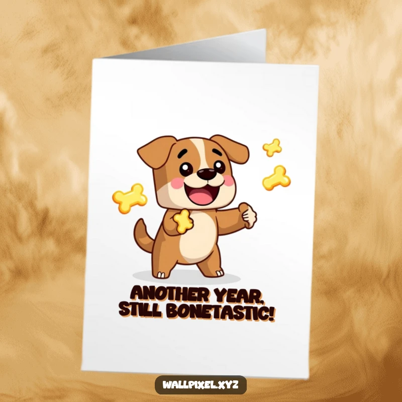 Funny Free Printable Birthday Card: Blocky dog heroically juggling glowing pixel bones with a huge grin.