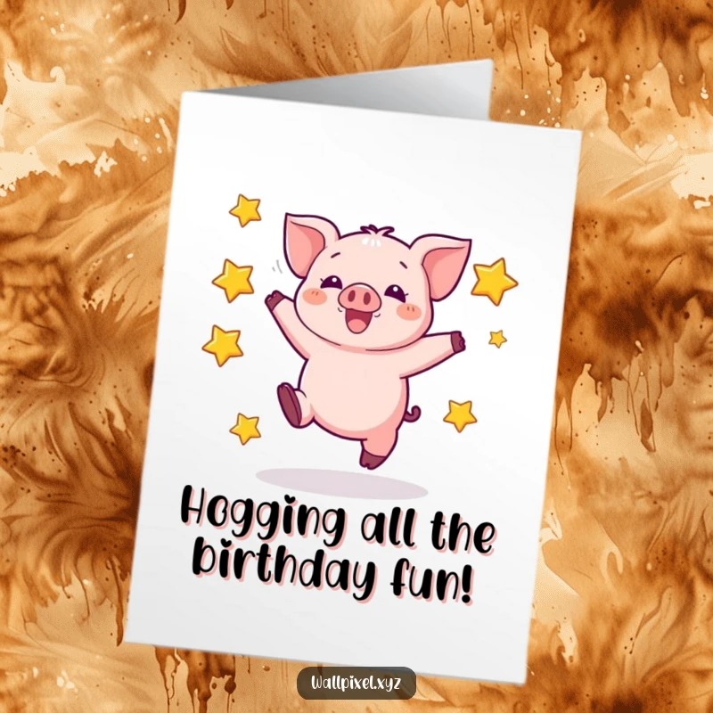 Funny Free Printable Birthday Card: A pixelated piglet leaps with excitement, surrounded by blocky, vibrant stars.