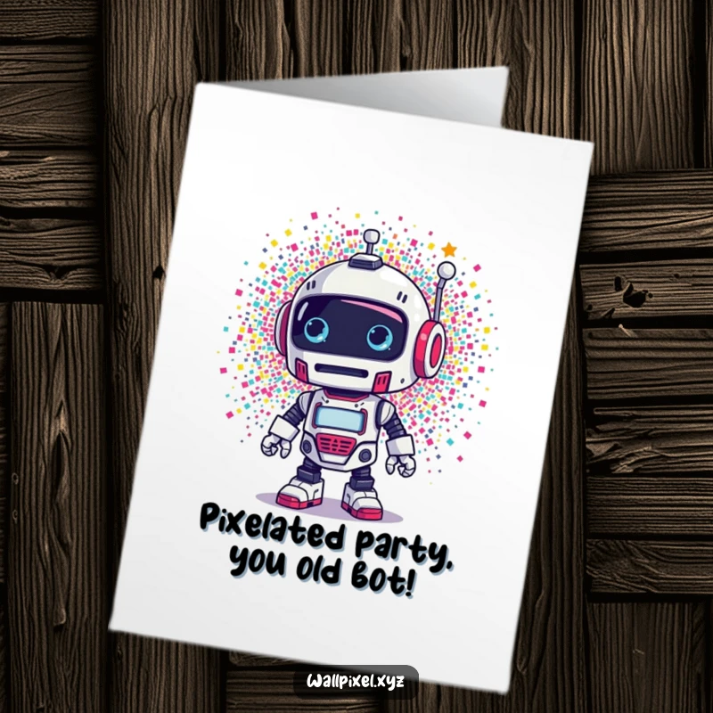 Funny Free Printable Birthday Card: Retro robot shocked by colorful pixel art explosion, a delightful DIY gift.