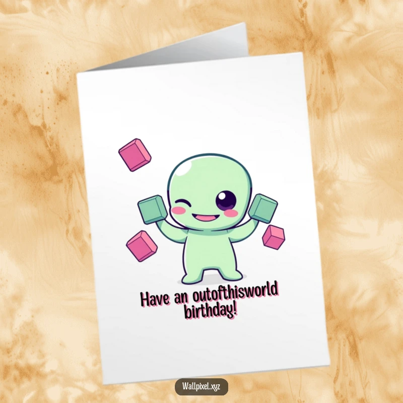 Funny Free Printable Birthday Card: Grinning pixel alien winking while juggling colorful pixel squares, retro game style.