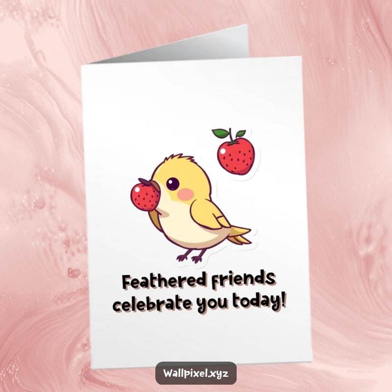 Funny Free Printable Birthday Card: Pixel bird with angular body pecking a floating pixel berry, digital art for laughs.