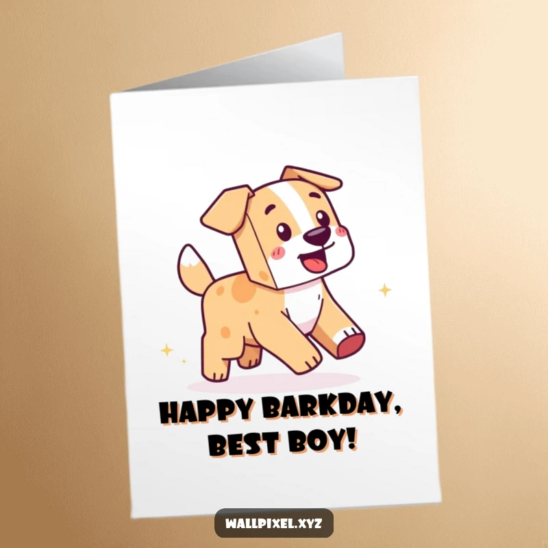 Funny Free Printable Birthday Card: Blocky dog playfully chases its tail, leaving a trail of sparkling pixels behind.