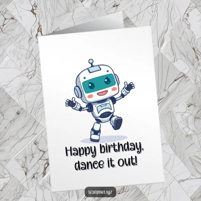 Funny Free Printable Birthday Card: Pixelated robot doing a happy, clumsy dance, spreading birthday cheer with robotic enthusiasm.