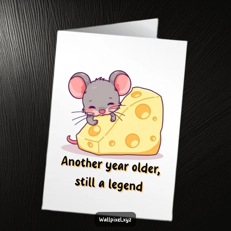 Funny Free Printable Happy Birthday Card featuring a retro pixel mouse greedily nibbling a giant blocky cheese slice.