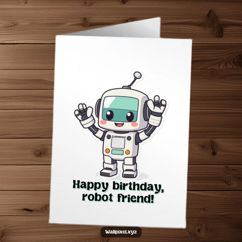 Funny Free Printable Birthday Card: A cheerful pixel robot waves its blocky arms energetically to celebrate your birthday.