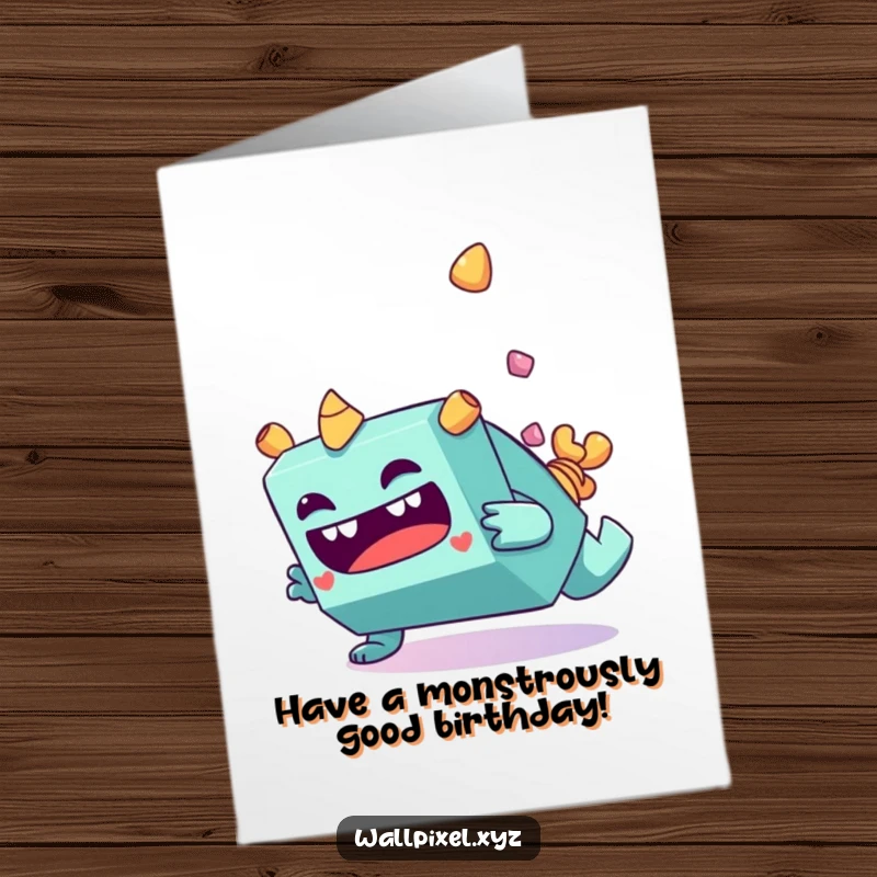 Funny Free Printable Birthday Card with a blocky monster character making a funny face while tumbling.