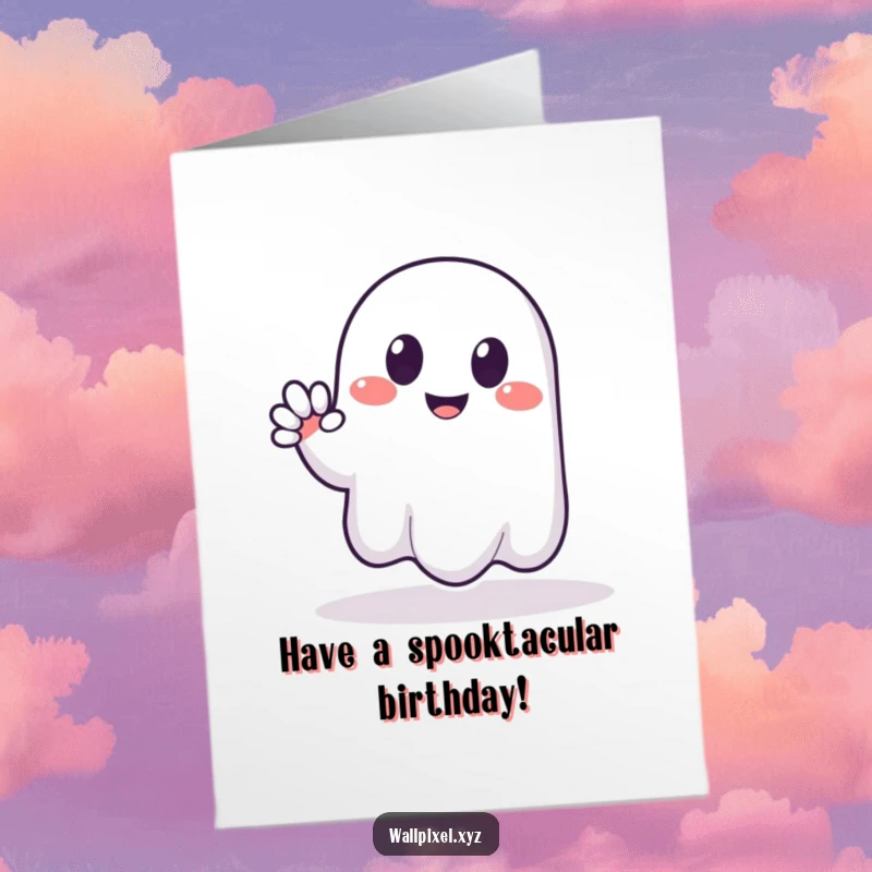 Funny Free Printable Birthday Card: A smiling pixelated ghost waves in a friendly, blocky manner.