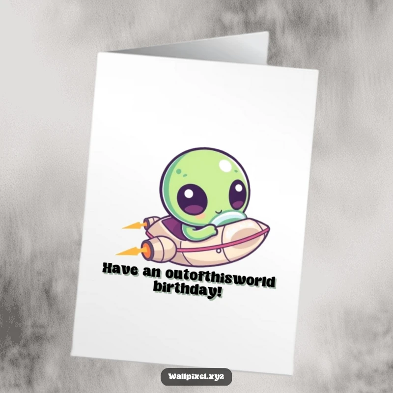 Funny Free Printable Birthday Card: Kawaii pixel alien with big eyes zips in a tiny ship, wishing happy birthday, downloadable art.