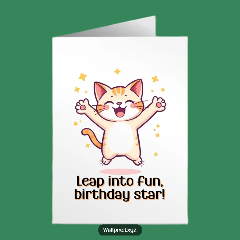 Free Printable Birthday Card: Pixel Cat Leap Funny Downloadable Gift