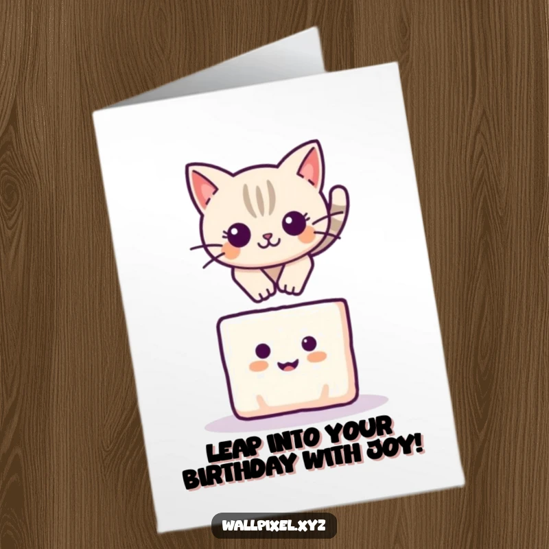 Funny Free Printable Birthday Card: Pixelated cat leaps playfully over a small, smiling square block, full of birthday energy.
