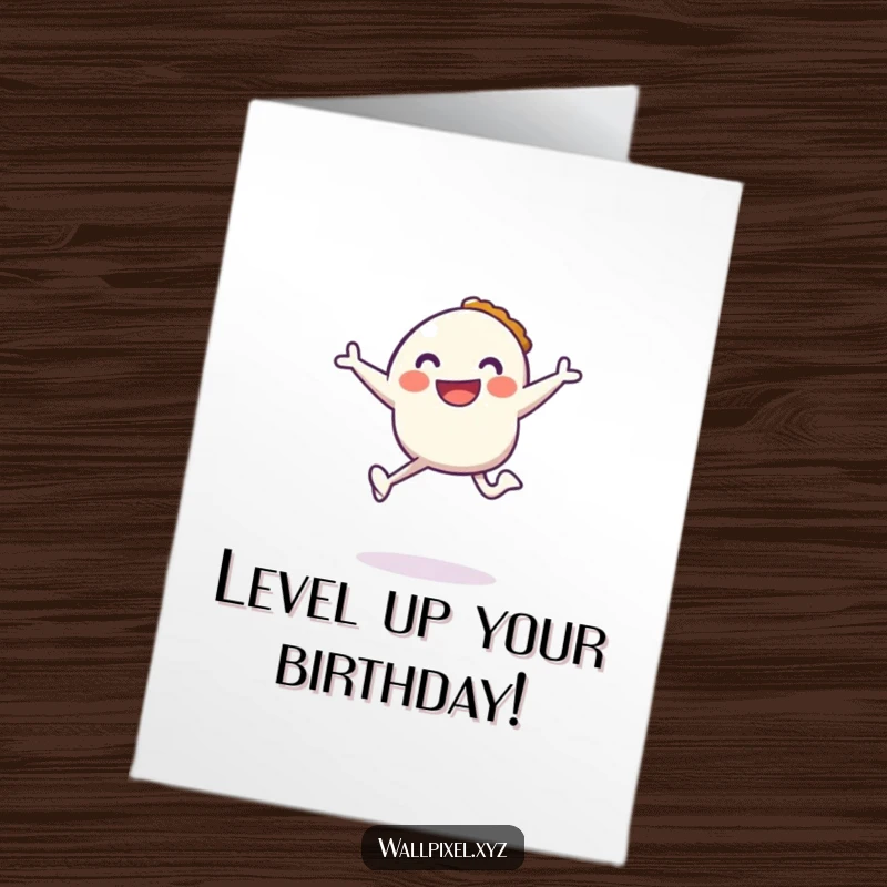 Funny Free Printable Birthday Card: A smiling pixel character joyfully jumps while holding a pixelated pie, celebrating with 8-bit cheer.