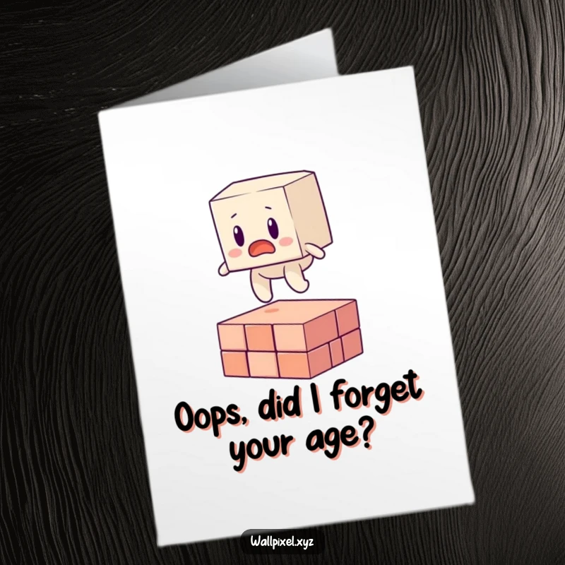 Funny Free Printable Birthday Card: Blocky figure hilariously surprised, tripping over a rogue pixel, perfect for gamers.