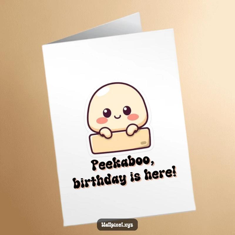 Funny Free Printable Birthday Card: Small pixelated blob peeking curiously from behind a block, ready to wish a happy birthday.