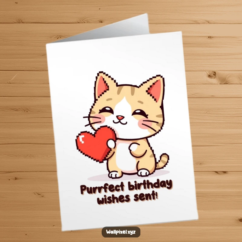 Funny Free Printable Birthday Card: Cute pixel cat gently boops a shiny red pixel heart with its nose, digital love.