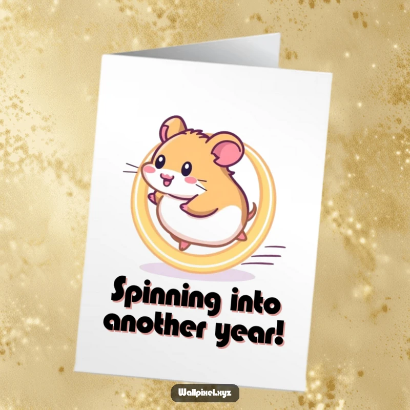 Funny Free Printable Birthday Card: Pixelated hamster energetically running on a bright, glowing wheel.