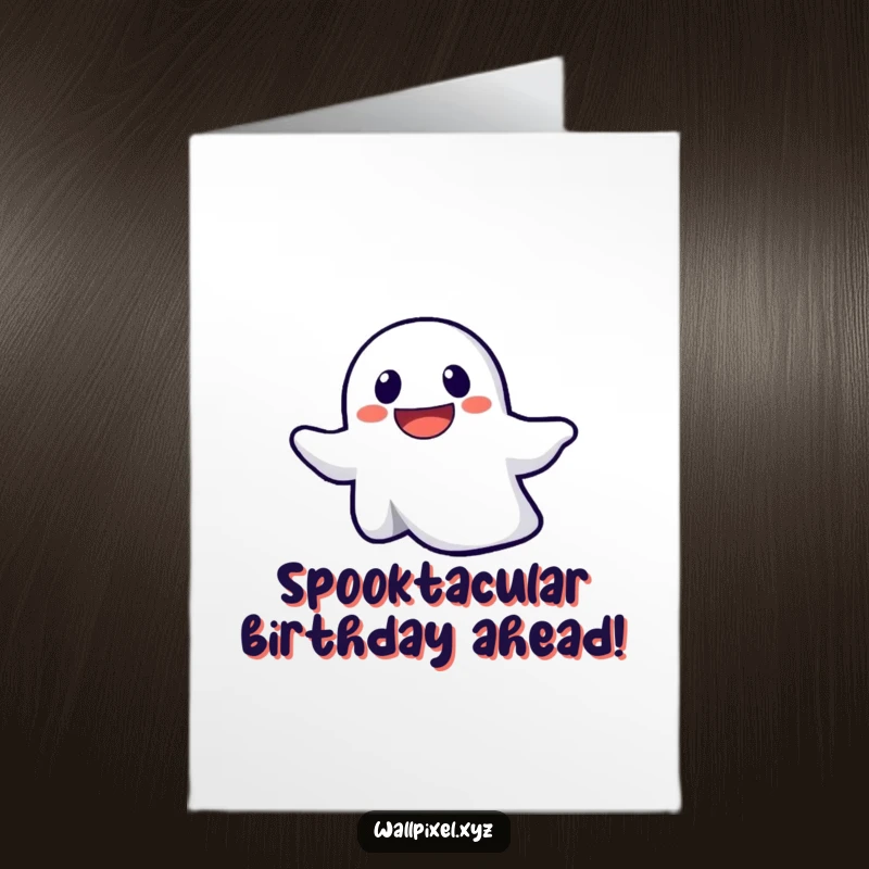 Funny Free Printable Birthday Card: Smiley pixel ghost determinedly floats upwards, full of birthday spirit, downloadable art.