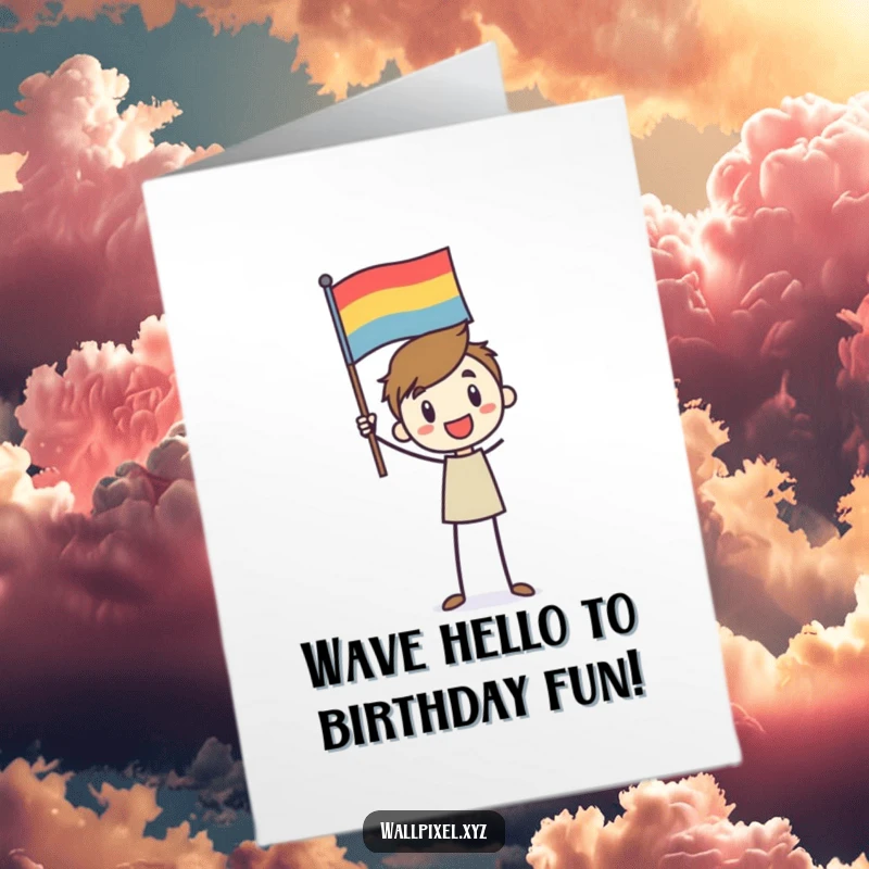 Funny Free Printable Birthday Card: Stick figure character enthusiastically waving a pixelated flag, celebrating a birthday victory.