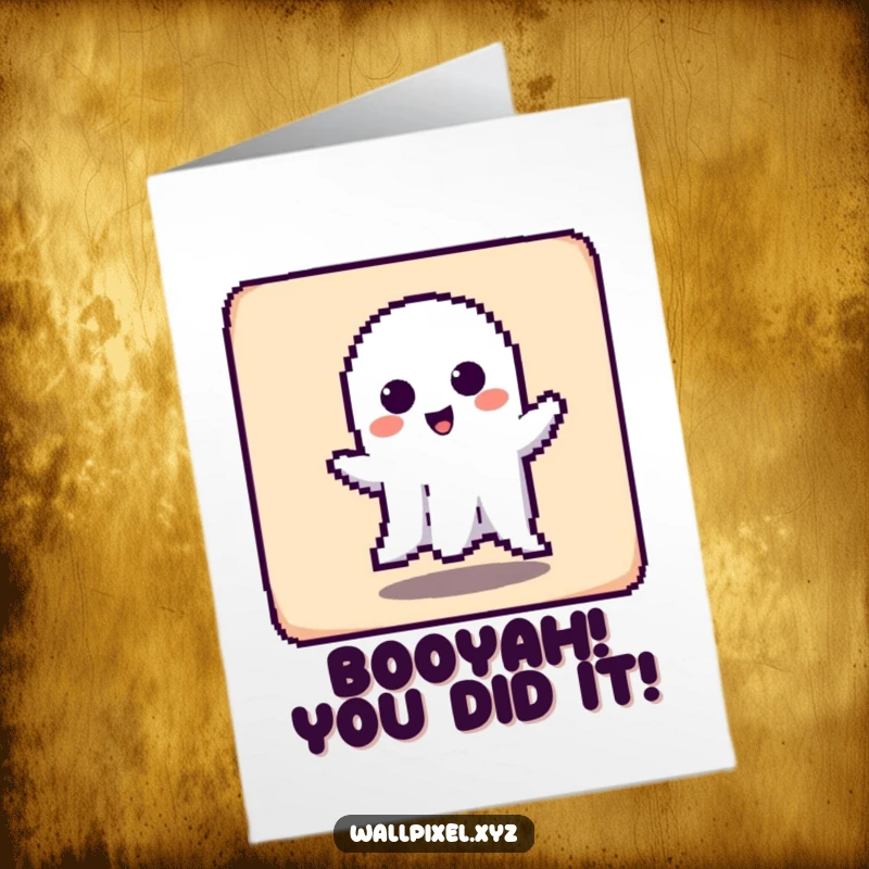 Funny Free Printable Congratulations Card: Pixelated ghost playfully haunting a square, celebrating achievements with a phantom touch.