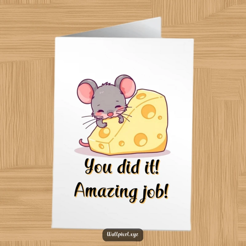 Funny Free Printable Congratulations Card showing a pixel mouse proudly holding a massive block of cheese, celebrating success.