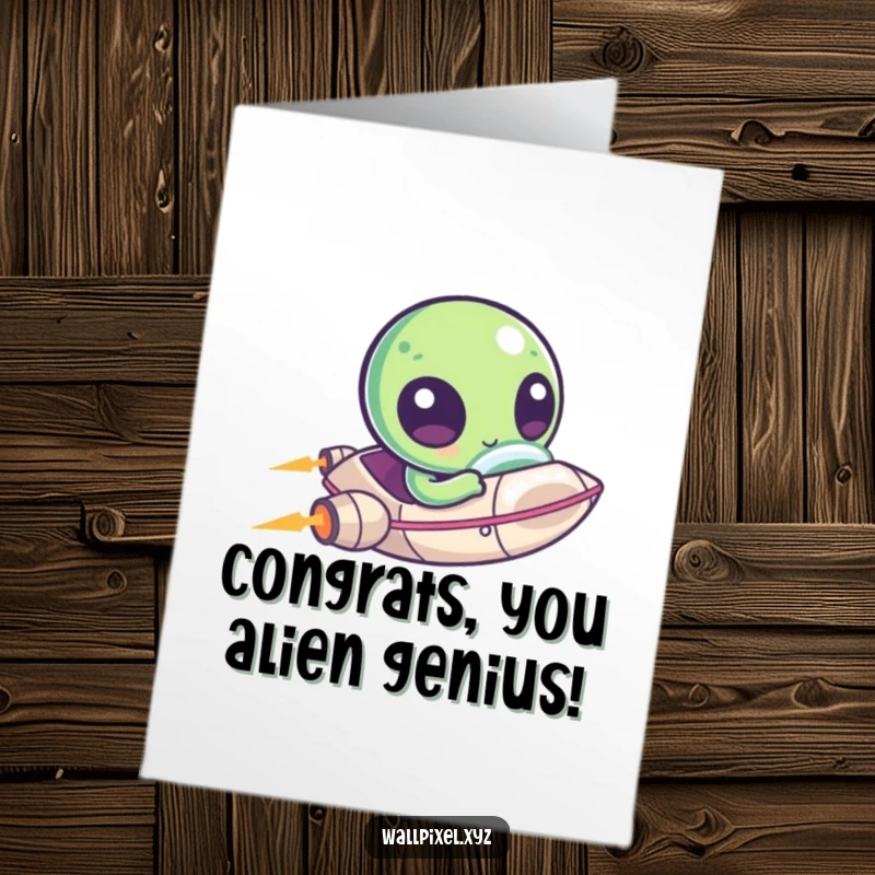 Funny Free Printable Congratulations Card: Kawaii pixel alien in a tiny ship zooms by, celebrating success, digital greeting.