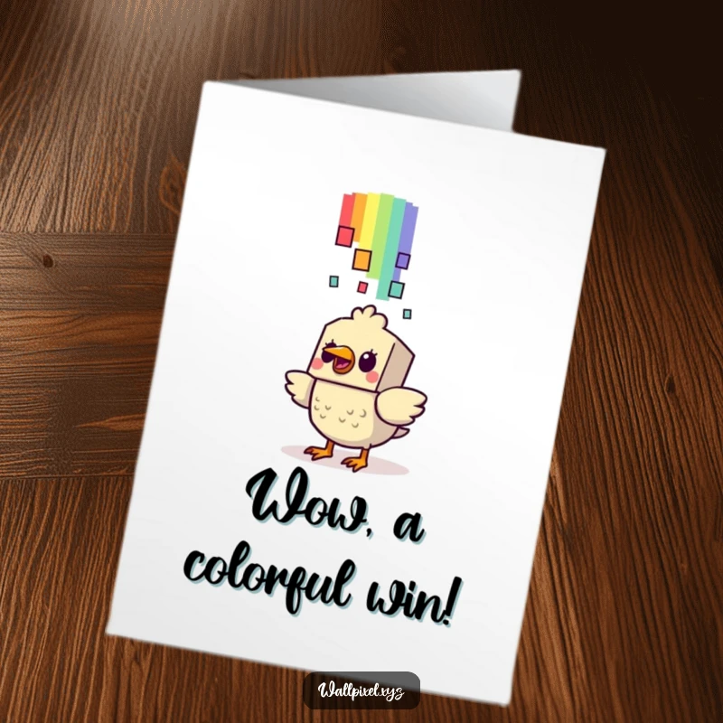 Funny free printable congratulations card, a blocky bird character startled by a falling pixelated rainbow, celebrating success.