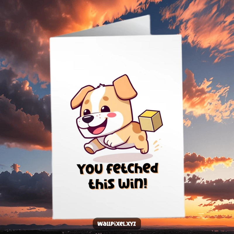 Funny Free Printable Congratulations Card: Blocky dog excitedly chases a pixel cube, symbolizing a win. Print at home.