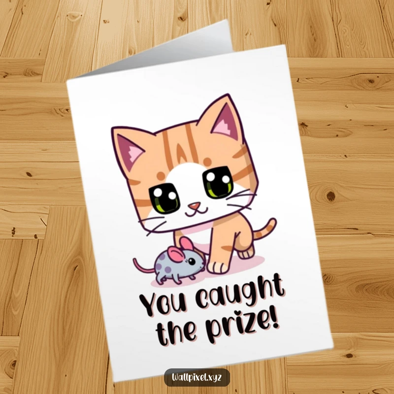 Funny Free Printable Congratulations Card: A blocky pixel cat with wide eyes enthusiastically chasing a pixel mouse in celebration.