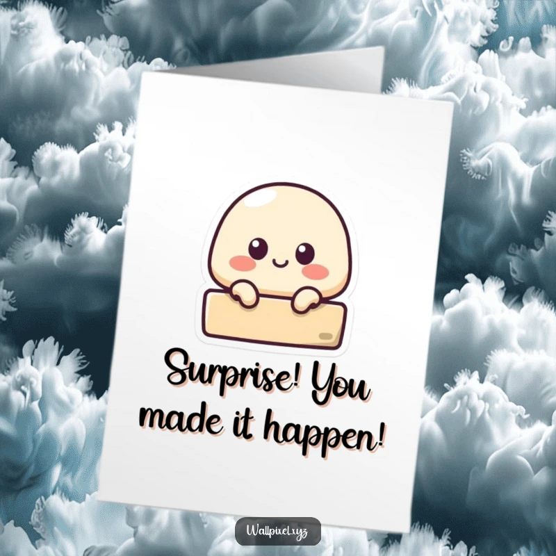 Funny Free Printable Congratulations Card: Pixelated blob peeking curiously from behind a block, celebrating success with a shy smile.