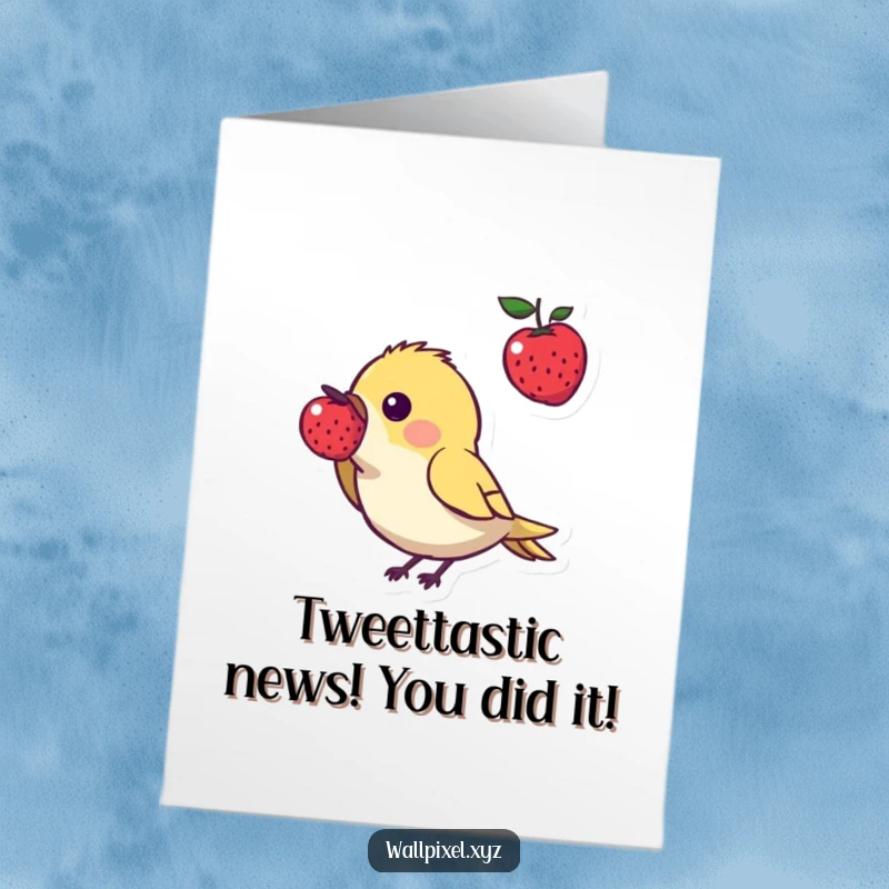 Free Printable Congratulations Card: Cute pixel bird proudly pecking a pixel berry, celebrating success with digital charm.