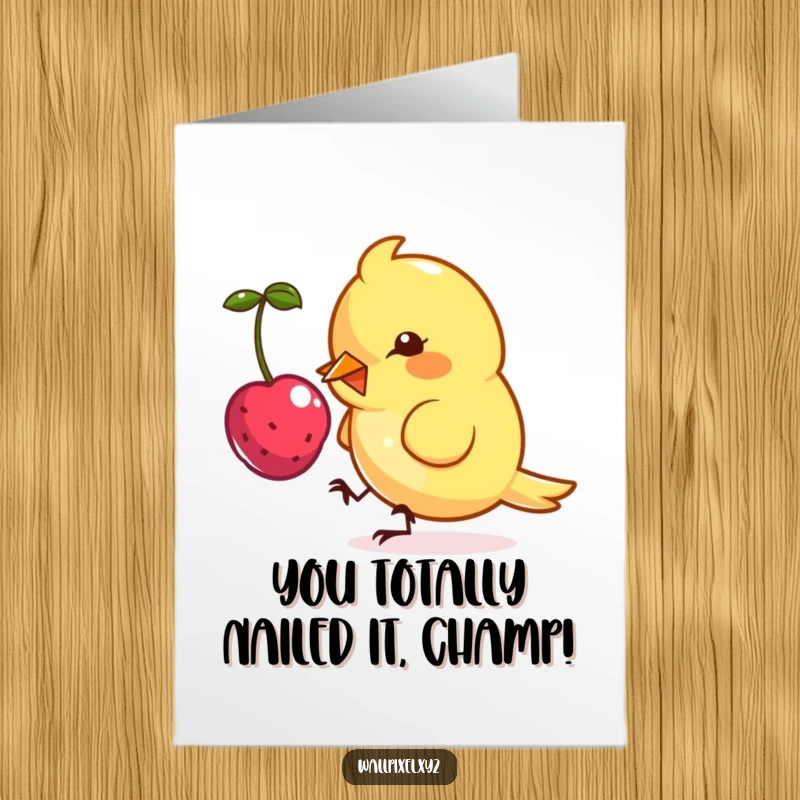 Funny Free Printable Congratulations Card: A determined pixel bird, triumphant, pecks at a digital berry after a big success.