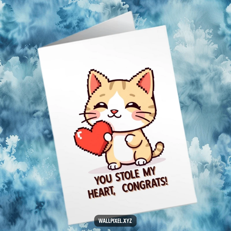 Funny Free Printable Congratulations Card: Adorable pixel cat boops a red pixel heart, perfect for celebrating achievements, digital greeting.
