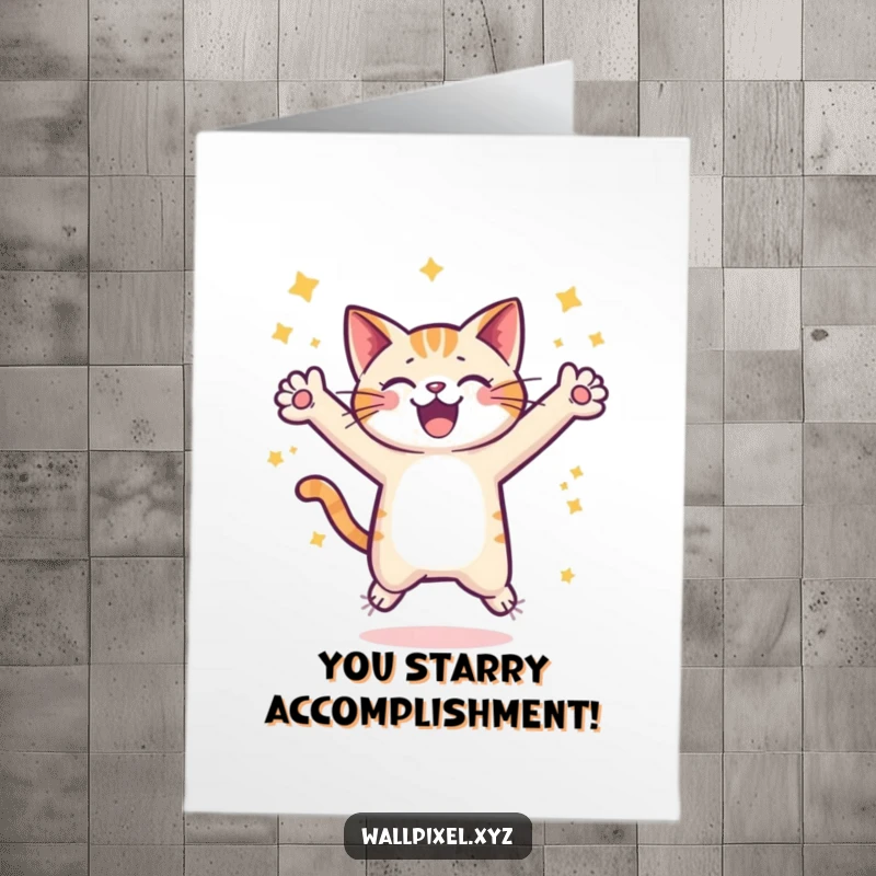 Funny Free Printable Congratulations Card: A pixelated cat leaps joyfully amongst stars, celebrating your fantastic achievement.