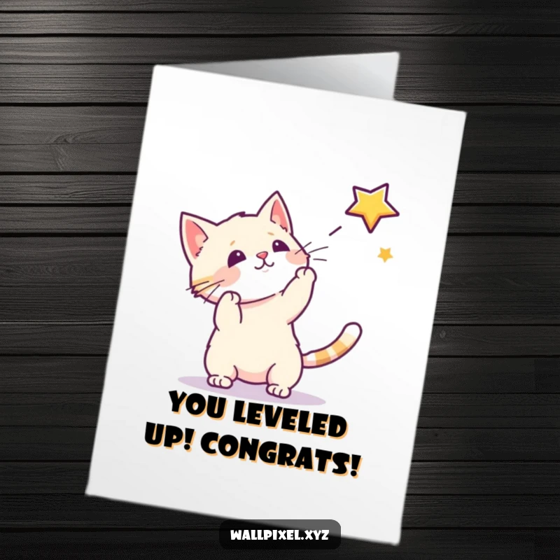 Funny Free Printable Congratulations Card: Adorable pixel cat reaching for a large, shiny pixel star in celebration.
