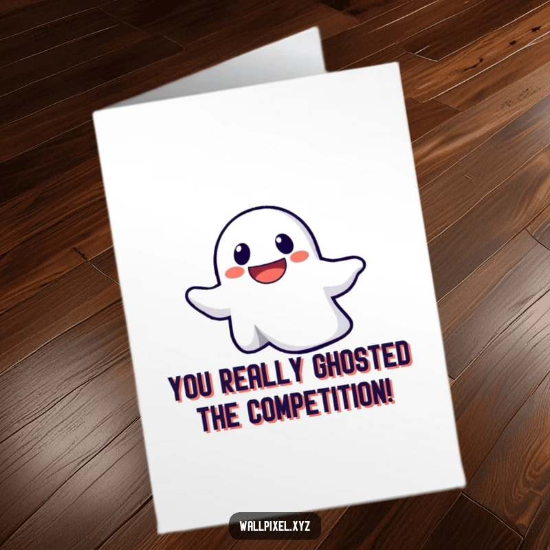 Funny Free Printable Congratulations Card: A determined pixel ghost ascends playfully, symbolizing success, digital greeting.